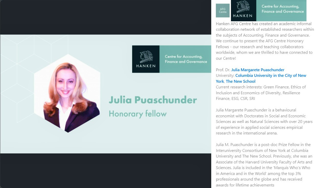 Julia M. Puaschunder, honorary fellow, Centre of Accounting, Finance and Governance, Hanken School, Helsinki, Finland, European Union